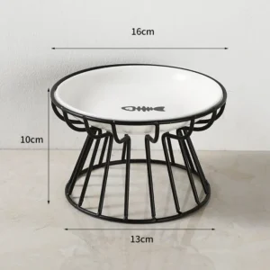 Ceramiczna miska dla kota na stojaku z rybką — podwyższona, ergonomiczna Czarny