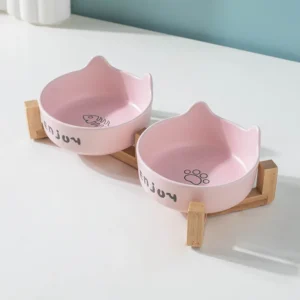 Ceramiczne podwójne miski dla kota i psa na stojaku — zestaw 3 elementów Różowy