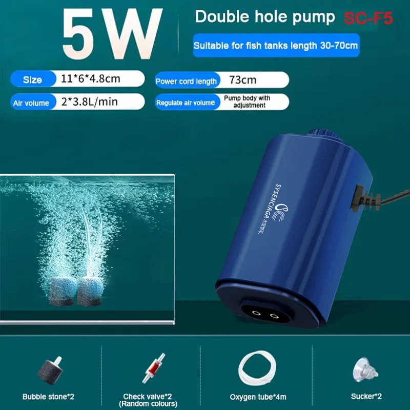 Cicha pompa powietrza do akwarium 220V z zaworem zwrotnym 3W–14W Zielony