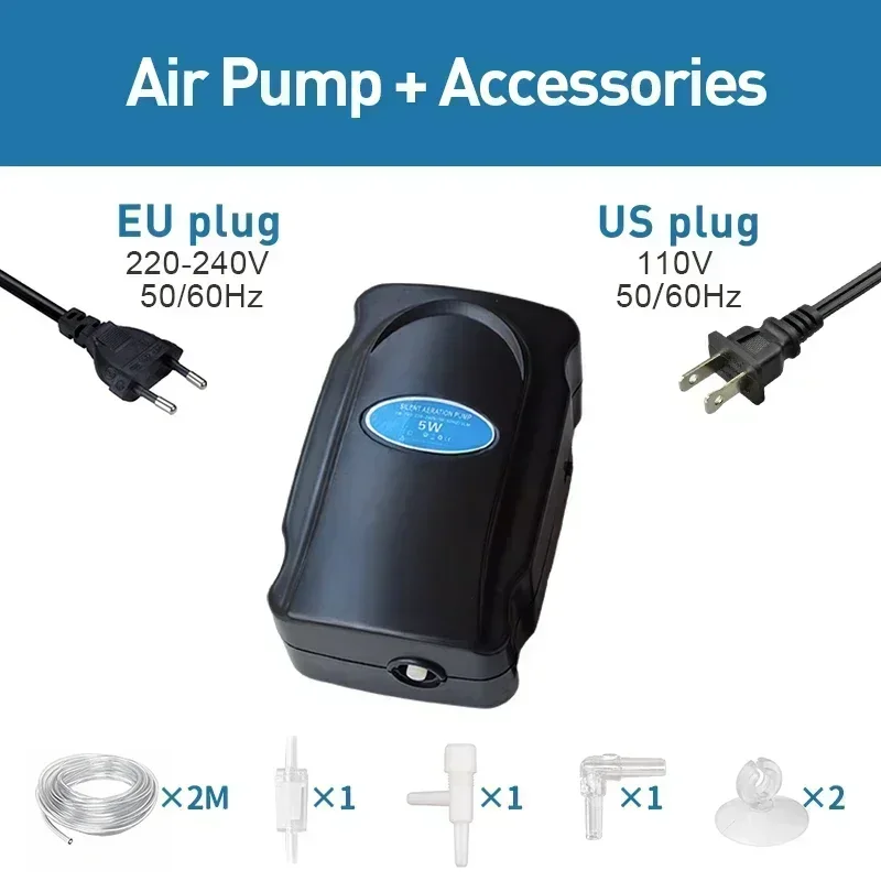 Cicha pompa powietrza 5W do akwarium 220V — bąbelkowy aerator sieciowy Czarny