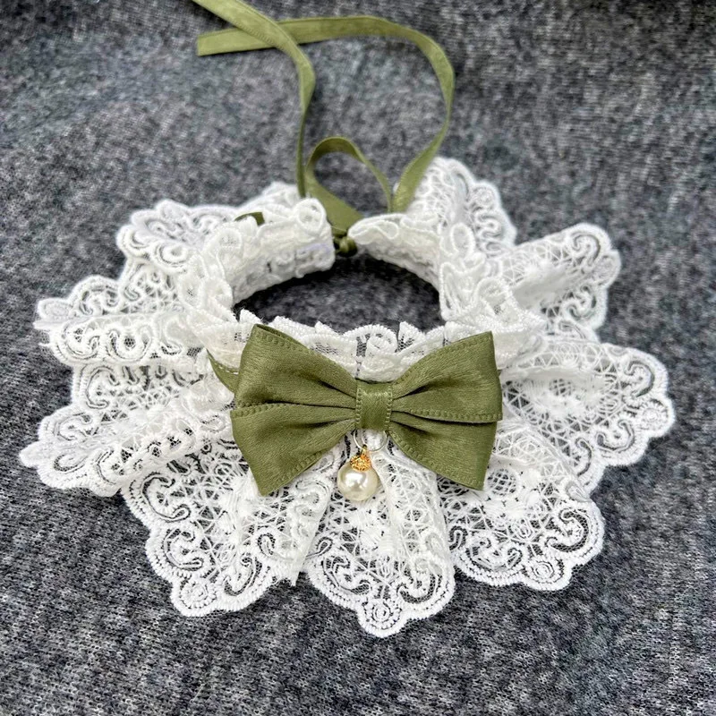 Elegancka obroża z perełkami i kokardką dla psa i kota Zielony