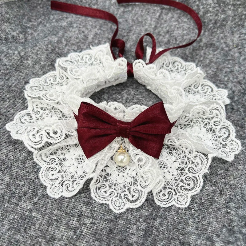 Elegancka obroża z perełkami i kokardką dla psa i kota Czerwony
