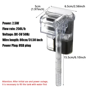 Filtr wiszący mini USB do akwarium do 30 cm 2,5W 250 l/h Biały
