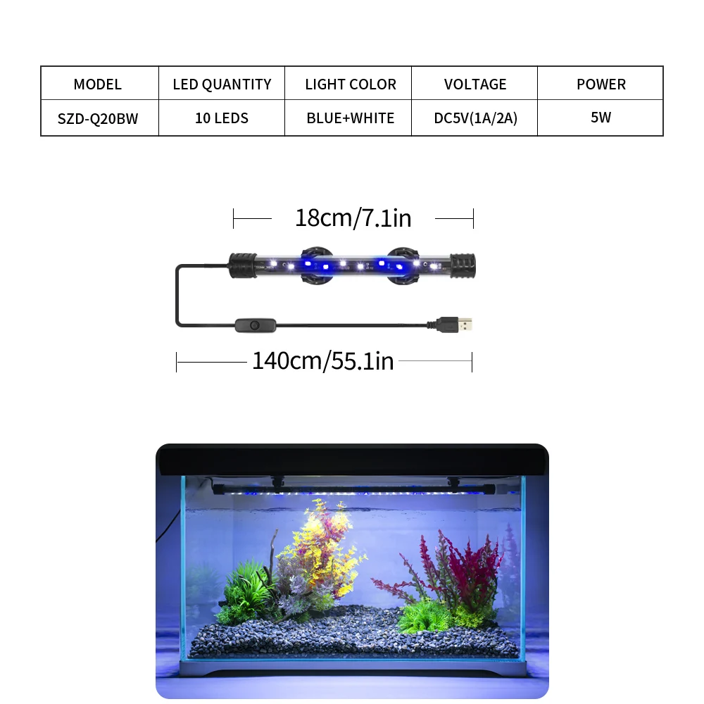 Lampa LED USB do akwarium 18-58 cm do roślin wodnych Biały