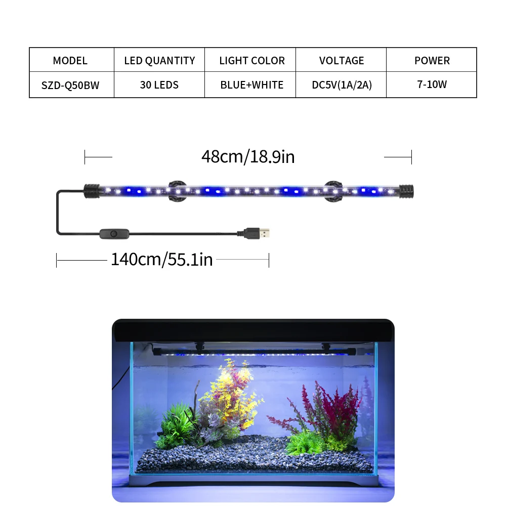 Lampa LED USB do akwarium 18-58 cm do roślin wodnych Czerwony