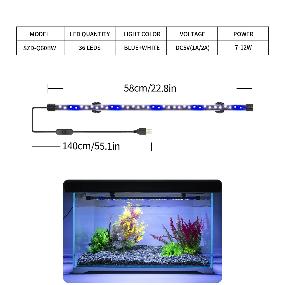 Lampa LED USB do akwarium 18-58 cm do roślin wodnych Szary
