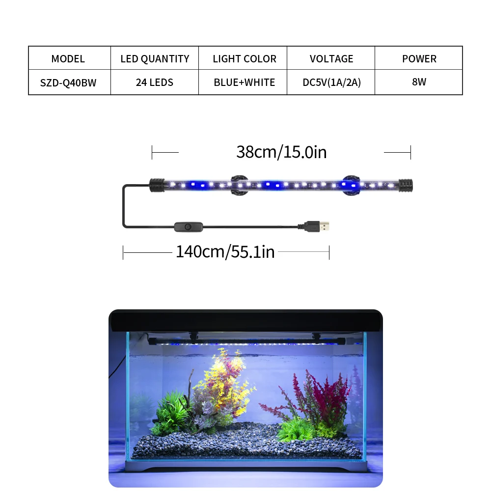 Lampa LED USB do akwarium 18-58 cm do roślin wodnych Zielony