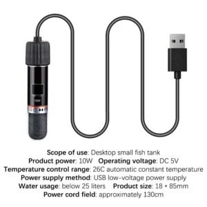 Mini grzałka USB do akwarium 10W stałotemperaturowa Czarny
