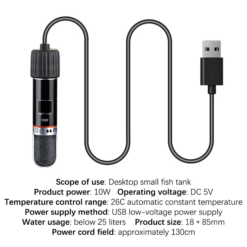 Mini grzałka USB do akwarium 10W stałotemperaturowa Czarny