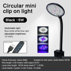 Mini lampa LED USB do nano akwarium — ściemnialna z klipsem Biały