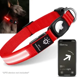 Obroża LED dla psa wodoodporna USB świecąca z uchwytem na AirTag Czerwony