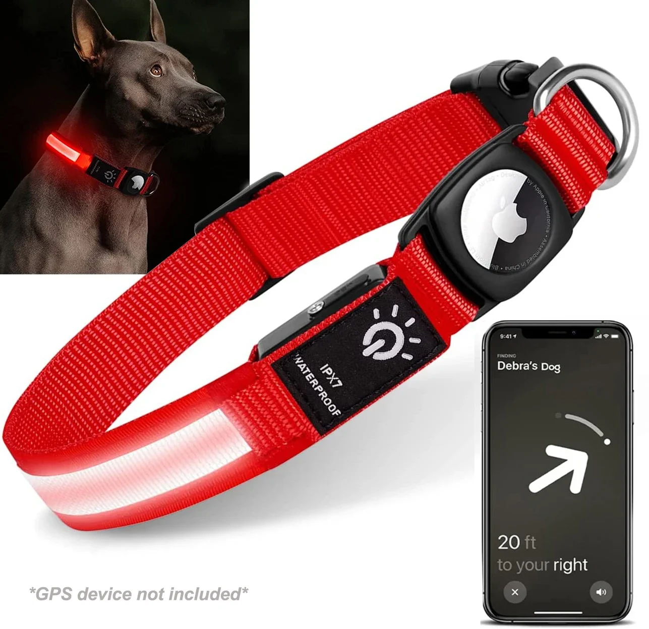 Obroża LED dla psa wodoodporna USB świecąca z uchwytem na AirTag Czerwony