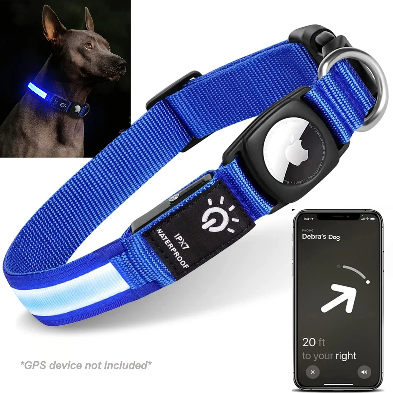 Obroża LED dla psa wodoodporna USB świecąca z uchwytem na AirTag Niebieski