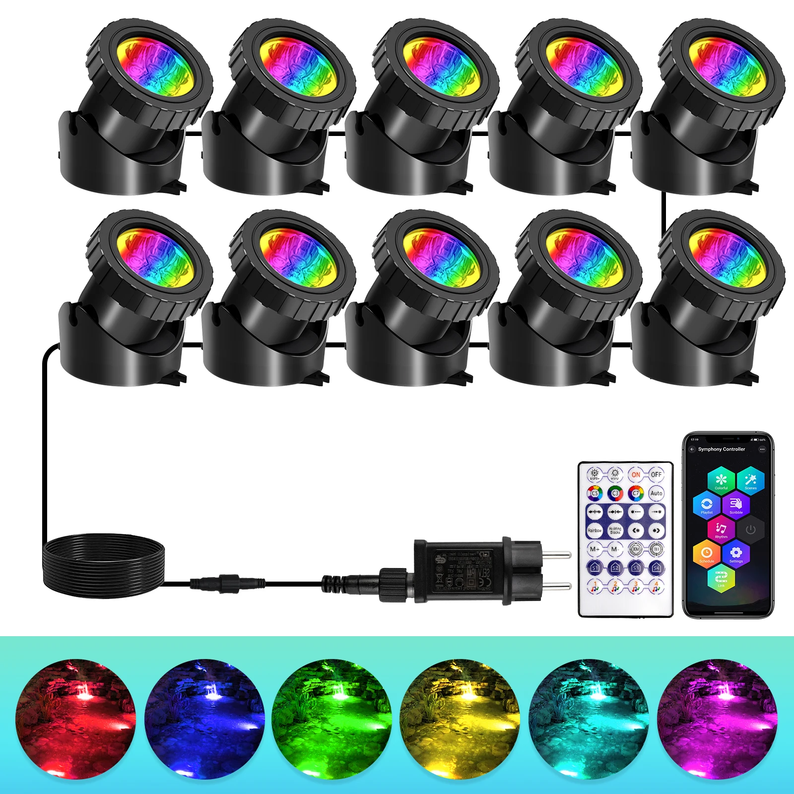 Podwodna lampa LED IP68 do oczka wodnego i stawu rybnego z aplikacją Zmienny