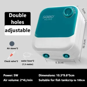 Pompa powietrza SOBO do akwarium z regulacją 3W–5W 220V Niebieski