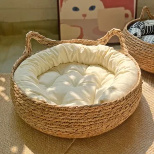 Rattanowy kosz dla kota z miękką poduszką Biały