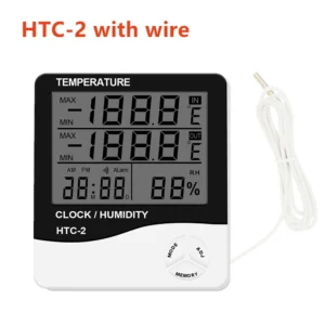 Termometr higrometr HTC-2 z zegarem LCD — wewnętrzny i zewnętrzny Złoto