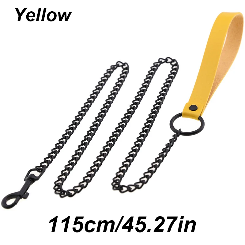 Wytrzymała smycz łańcuchowa dla psa 115 cm ze skórzanym uchwytem Żółty