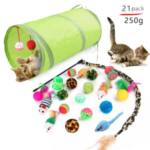 Zestaw zabawek dla kota Variety Pack — kijek, piłka sizalowa, tunel składany Fioletowy
